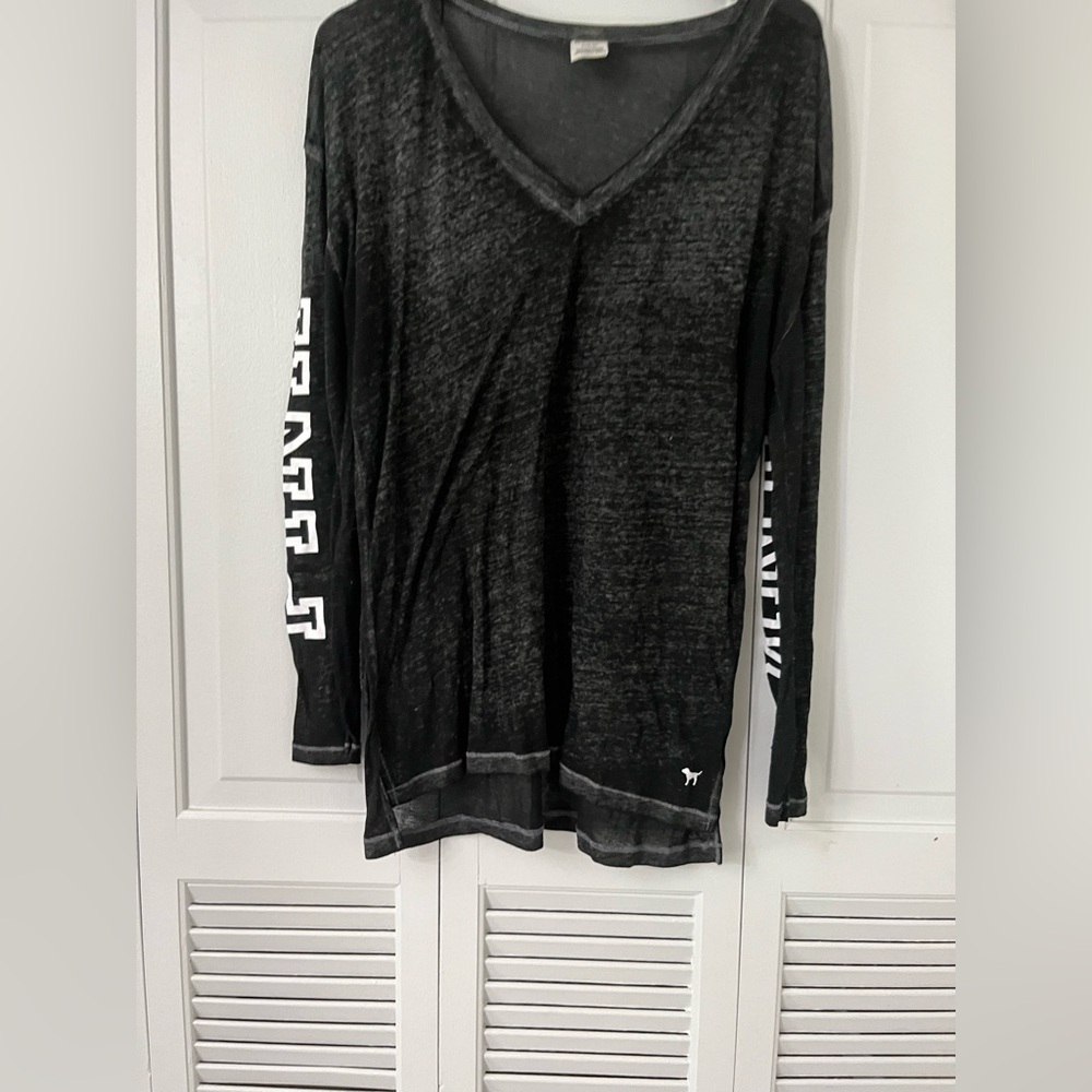 Black V-neck Lightweight sheer Long Sleeve Top with Sleeve Lettering